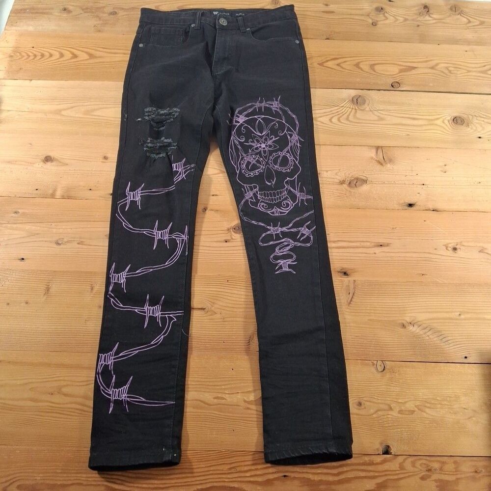 Waimea Jeans Distressed Black 30x32 Skinny Skull Mens
